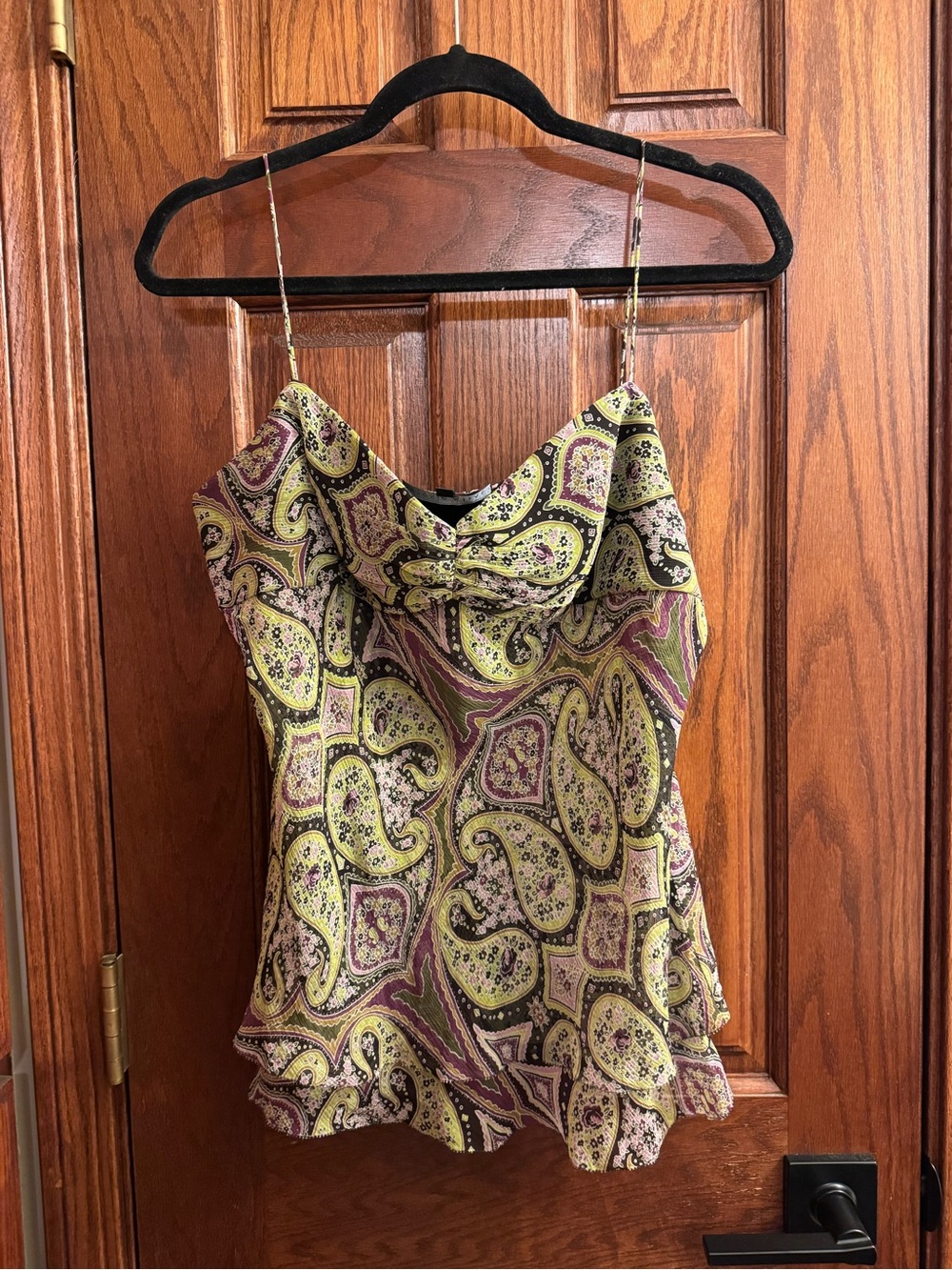 ANTONIO MELANI Paisley Satin Cowl Neck Camisole in Lime & Purple